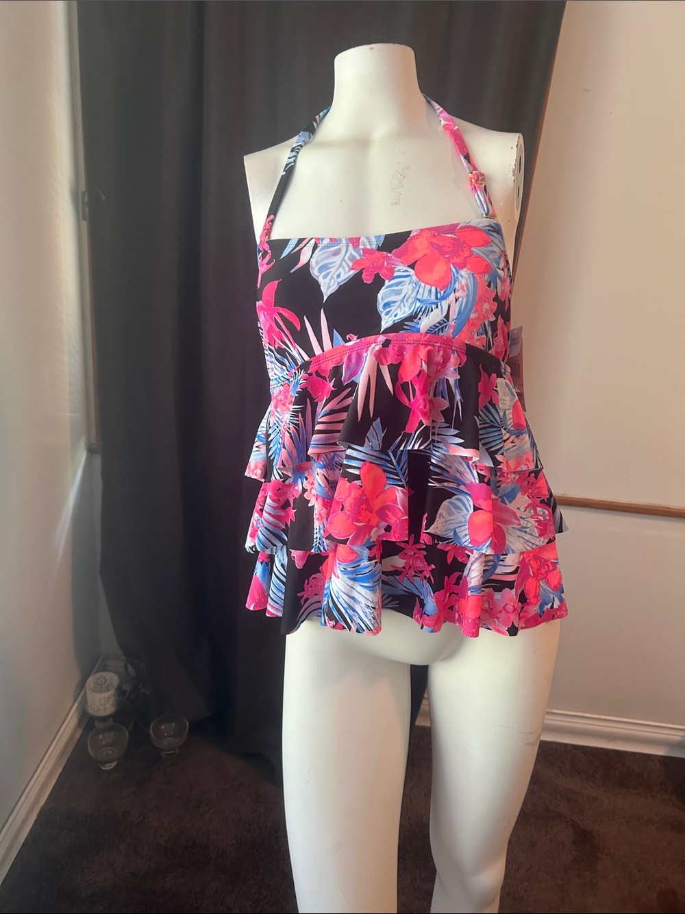 Island Escape Floral Tiered Halter Tankini Top - Pink & Blue